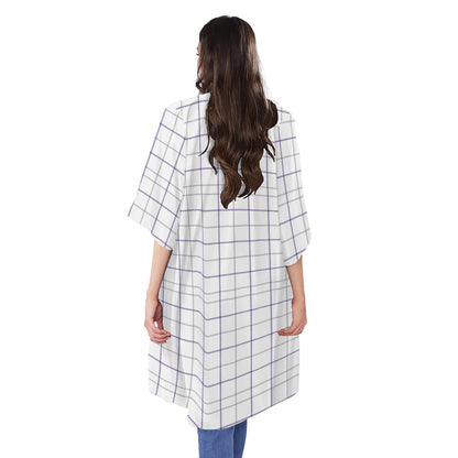 White Grey And Purple Tattersall Print Open Front Beach Cover Up