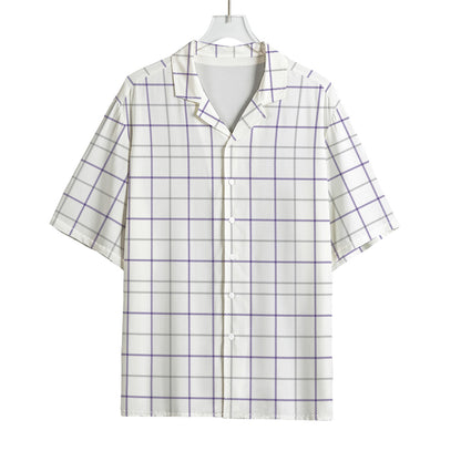 White Grey And Purple Tattersall Print Rayon Hawaiian Shirt