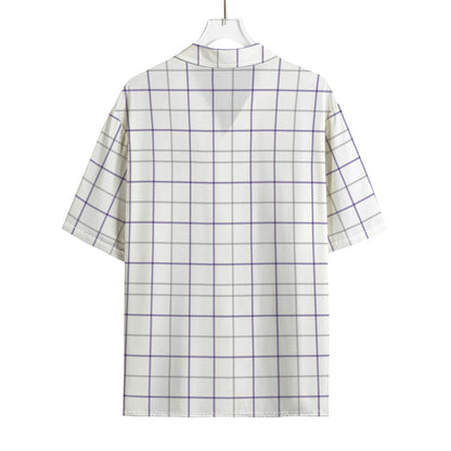 White Grey And Purple Tattersall Print Rayon Hawaiian Shirt