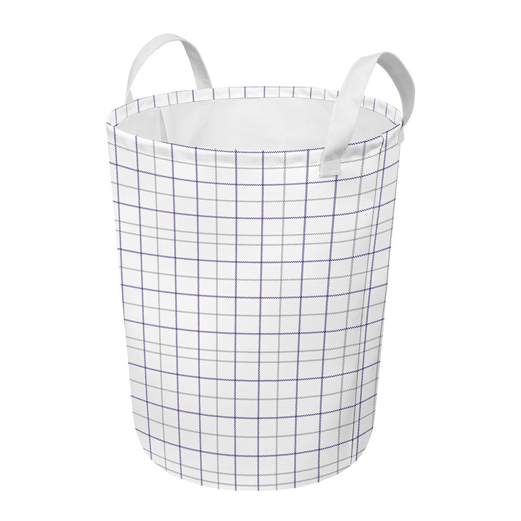 White Grey And Purple Tattersall Print Round Laundry Basket