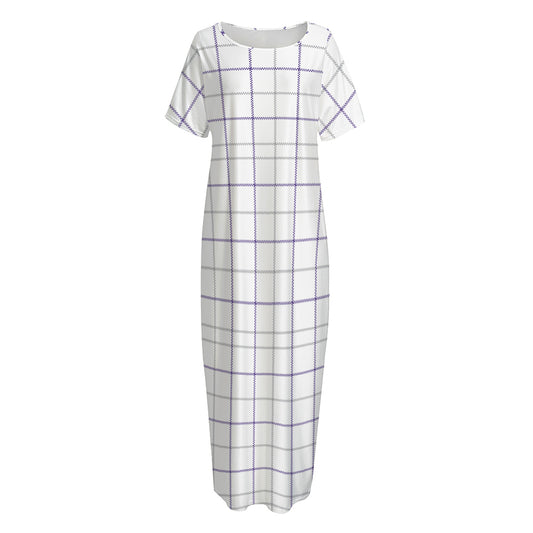 White Grey And Purple Tattersall Print Short Sleeve Long Nightdress