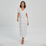 White Grey And Purple Tattersall Print Short Sleeve Maxi Dress