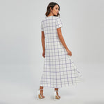 White Grey And Purple Tattersall Print Short Sleeve Maxi Dress