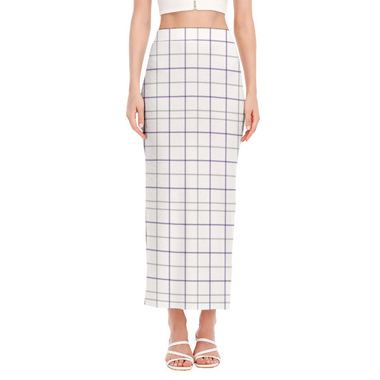 White Grey And Purple Tattersall Print Side Slit Maxi Skirt