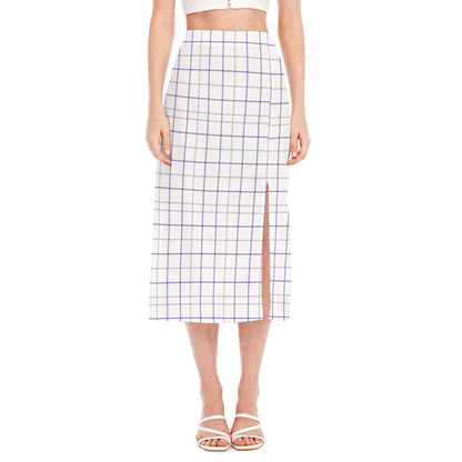 White Grey And Purple Tattersall Print Side Slit Midi Skirt