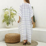 White Grey And Purple Tattersall Print Silk V-Neck Kaftan Dress