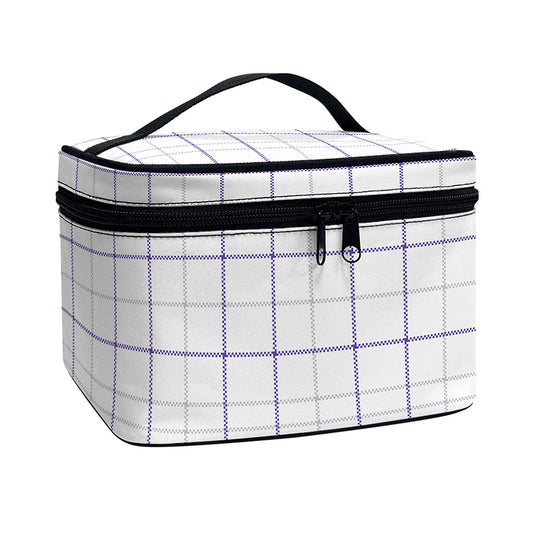 White Grey And Purple Tattersall Print Travel Makeup Bag