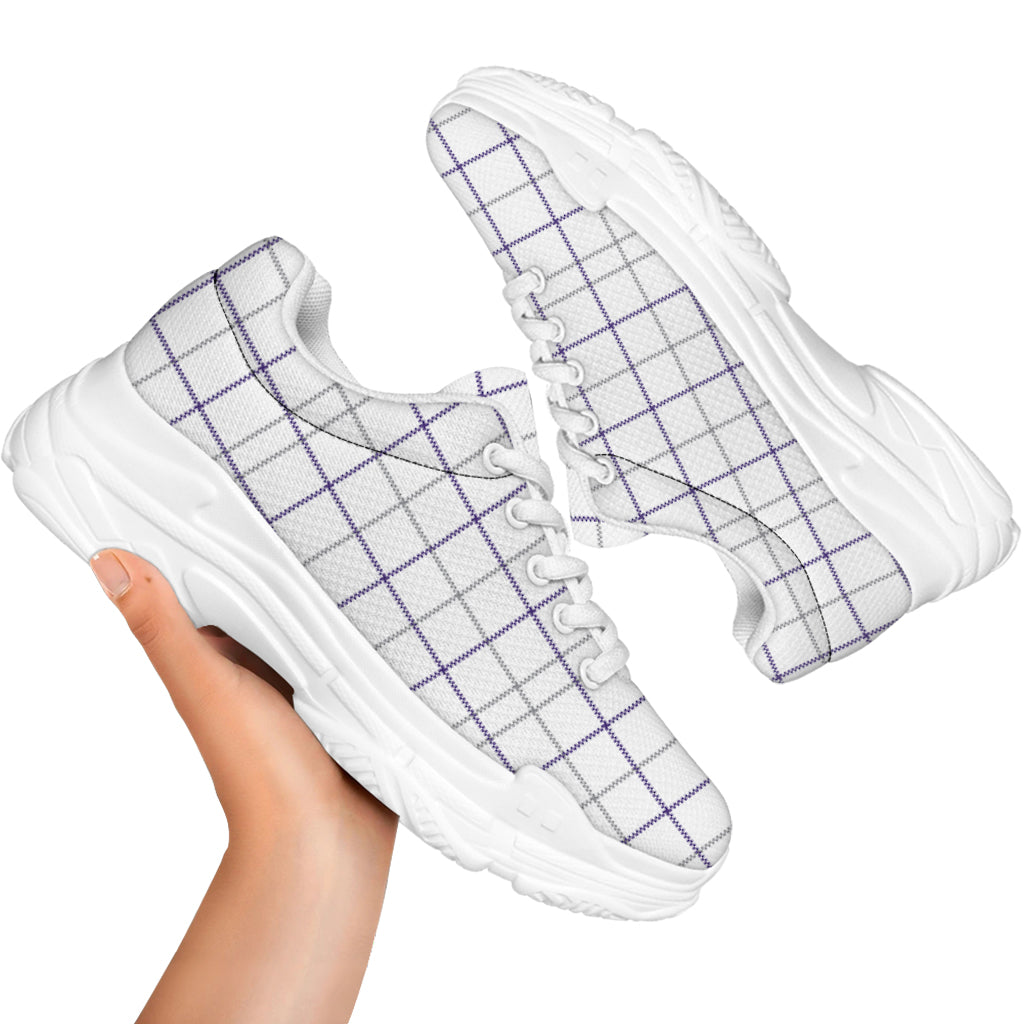 White Grey And Purple Tattersall Print White Chunky Shoes