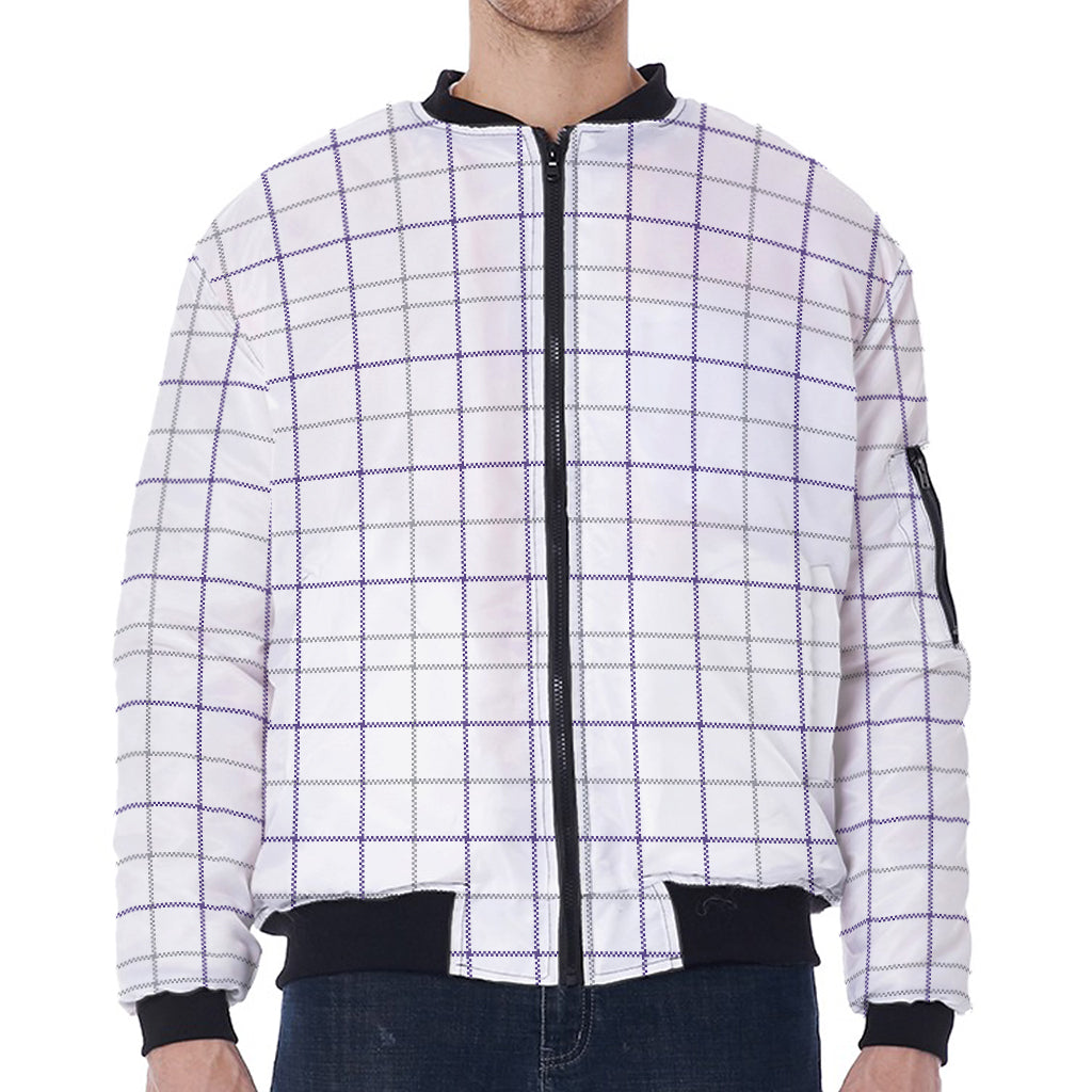 White Grey And Purple Tattersall Print Zip Sleeve Bomber Jacket