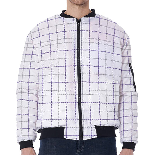 White Grey And Purple Tattersall Print Zip Sleeve Bomber Jacket