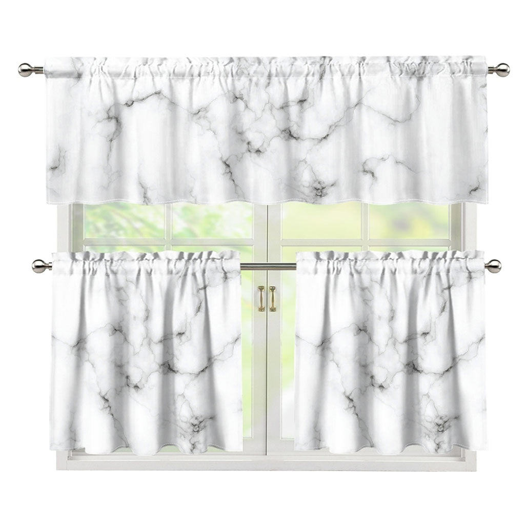 White Grey Smoke Marble Print 3 Piece Kitchen Curtains