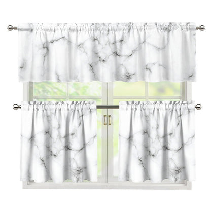 White Grey Smoke Marble Print 3 Piece Kitchen Curtains