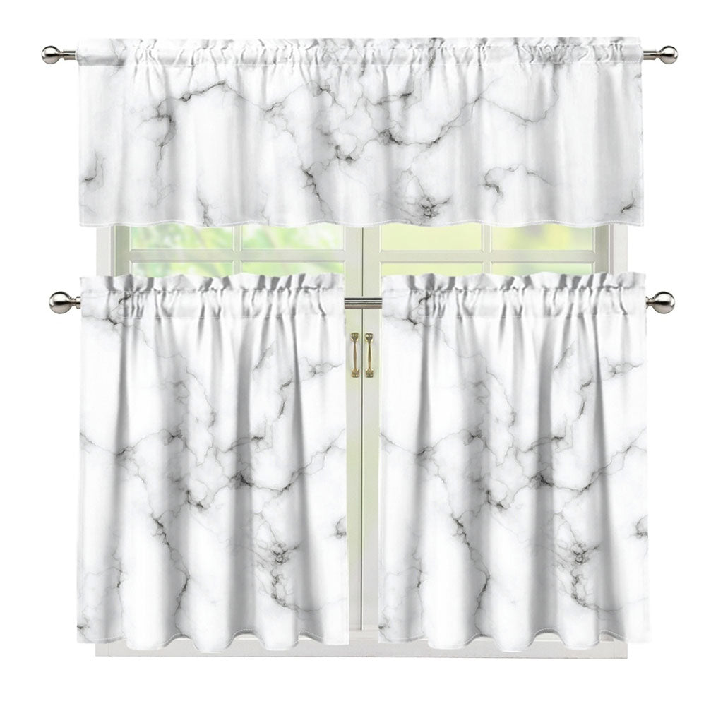 White Grey Smoke Marble Print 3 Piece Kitchen Curtains