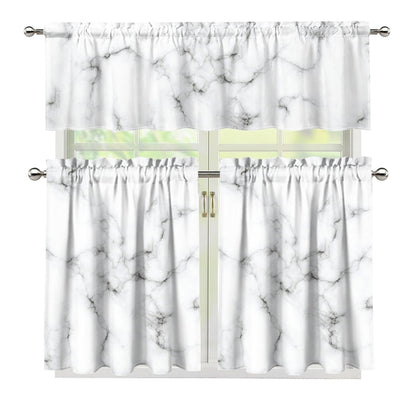 White Grey Smoke Marble Print 3 Piece Kitchen Curtains