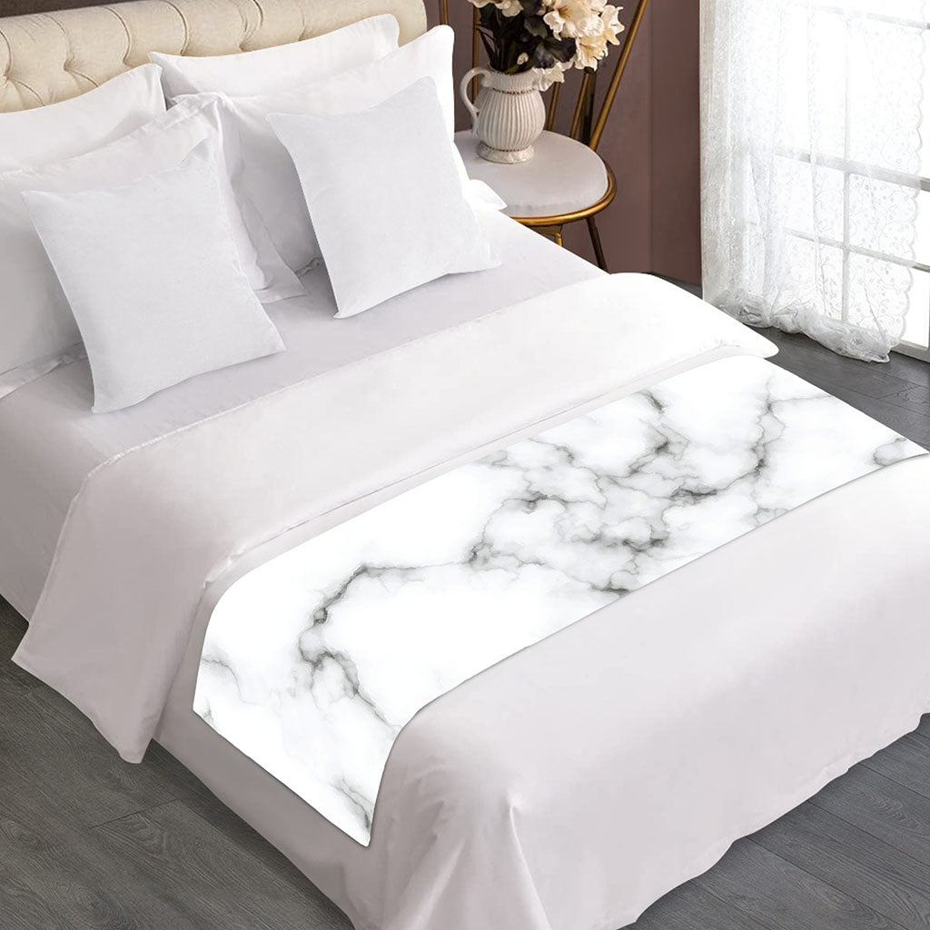 White Grey Smoke Marble Print Bed Runner
