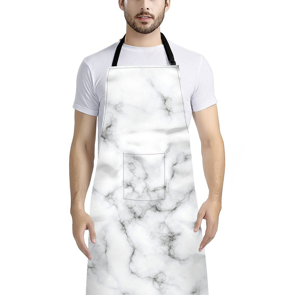 White Grey Smoke Marble Print Bib Apron With Pocket