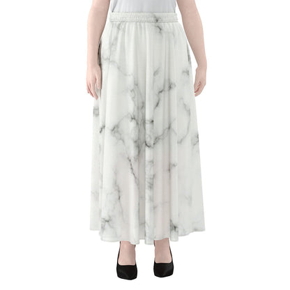 White Grey Smoke Marble Print Chiffon Maxi Skirt