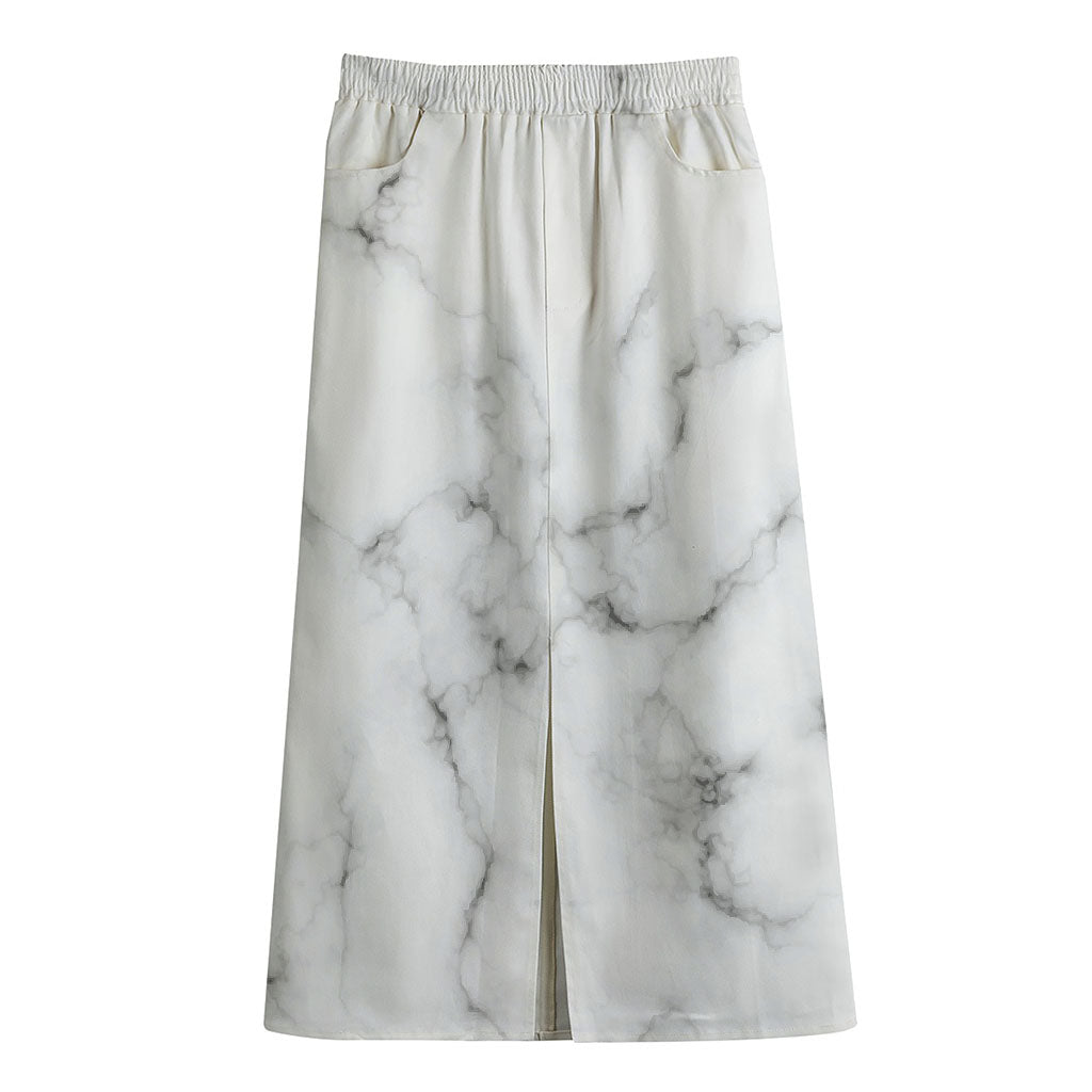 White Grey Smoke Marble Print Cotton Front Slit Maxi Skirt