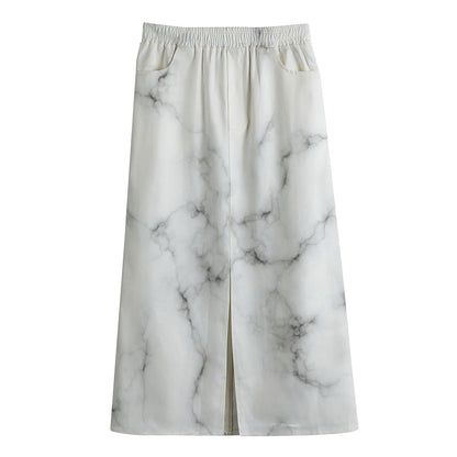White Grey Smoke Marble Print Cotton Front Slit Maxi Skirt