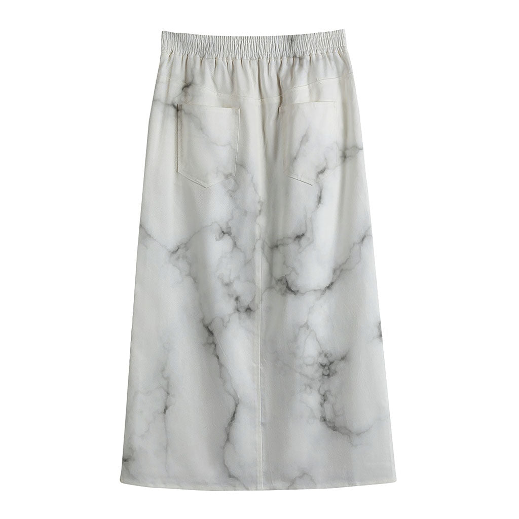White Grey Smoke Marble Print Cotton Front Slit Maxi Skirt
