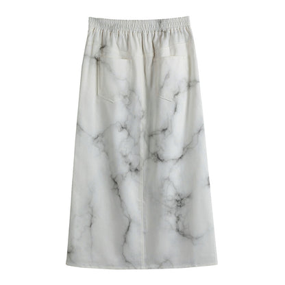 White Grey Smoke Marble Print Cotton Front Slit Maxi Skirt