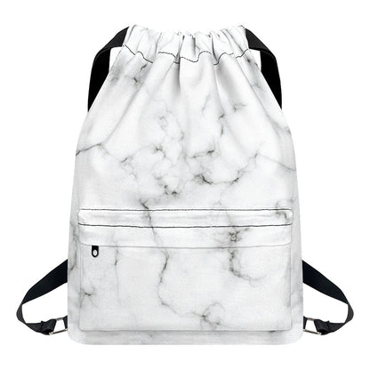 White Grey Smoke Marble Print Drawstring Backpack