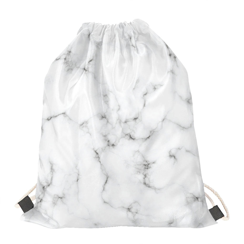 White Grey Smoke Marble Print Drawstring Bag