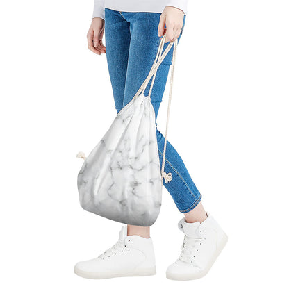 White Grey Smoke Marble Print Drawstring Bag