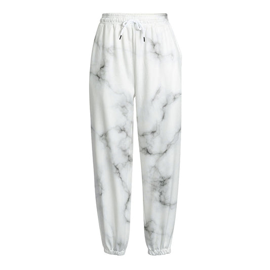 White Grey Smoke Marble Print Fleece Lined Knit Pants