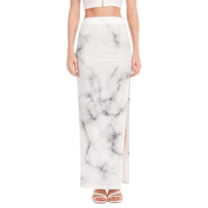 White Grey Smoke Marble Print High Slit Maxi Skirt