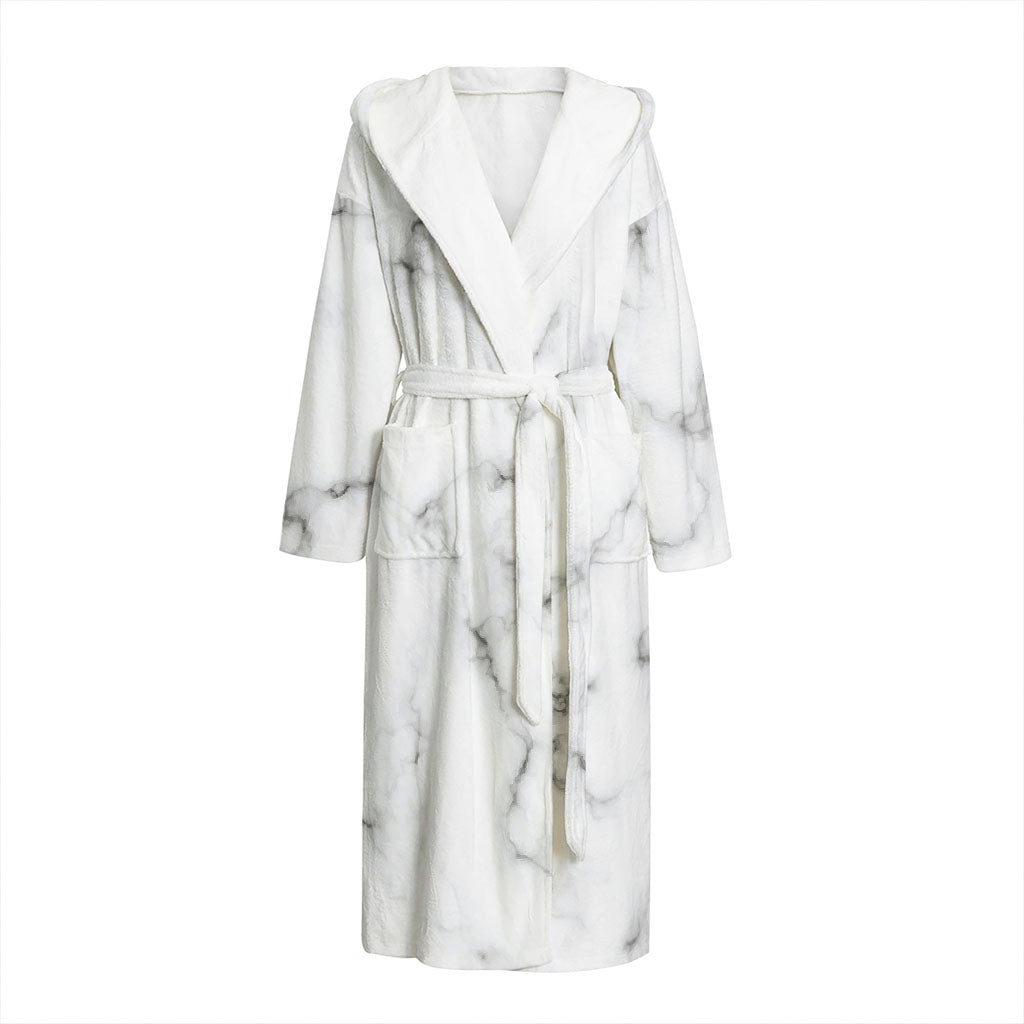 White Grey Smoke Marble Print Hooded Bathrobe
