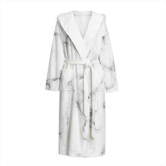 White Grey Smoke Marble Print Hooded Bathrobe