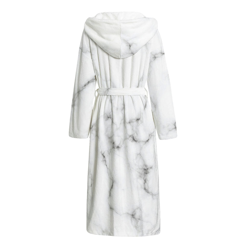 White Grey Smoke Marble Print Hooded Bathrobe