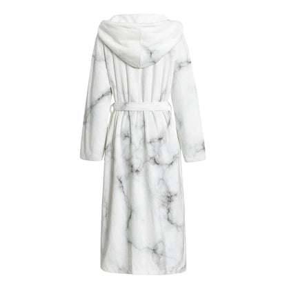 White Grey Smoke Marble Print Hooded Bathrobe