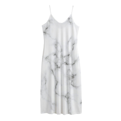 White Grey Smoke Marble Print Jersey Midi Cami Dress