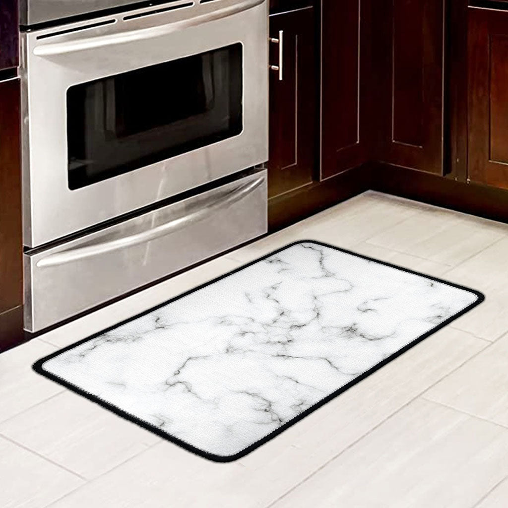 White Grey Smoke Marble Print Kitchen Mat