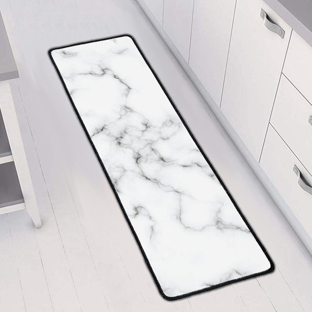 White Grey Smoke Marble Print Long Kitchen Mat