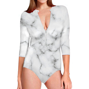 White Grey Smoke Marble Print Long Sleeve Swimsuit