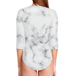 White Grey Smoke Marble Print Long Sleeve Swimsuit