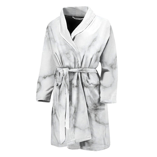 White Grey Smoke Marble Print Men's Bathrobe