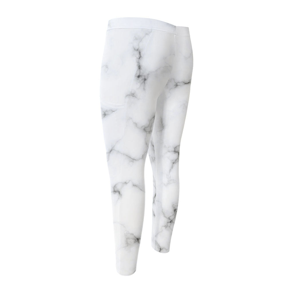 White Grey Smoke Marble Print Men's Compression Pants