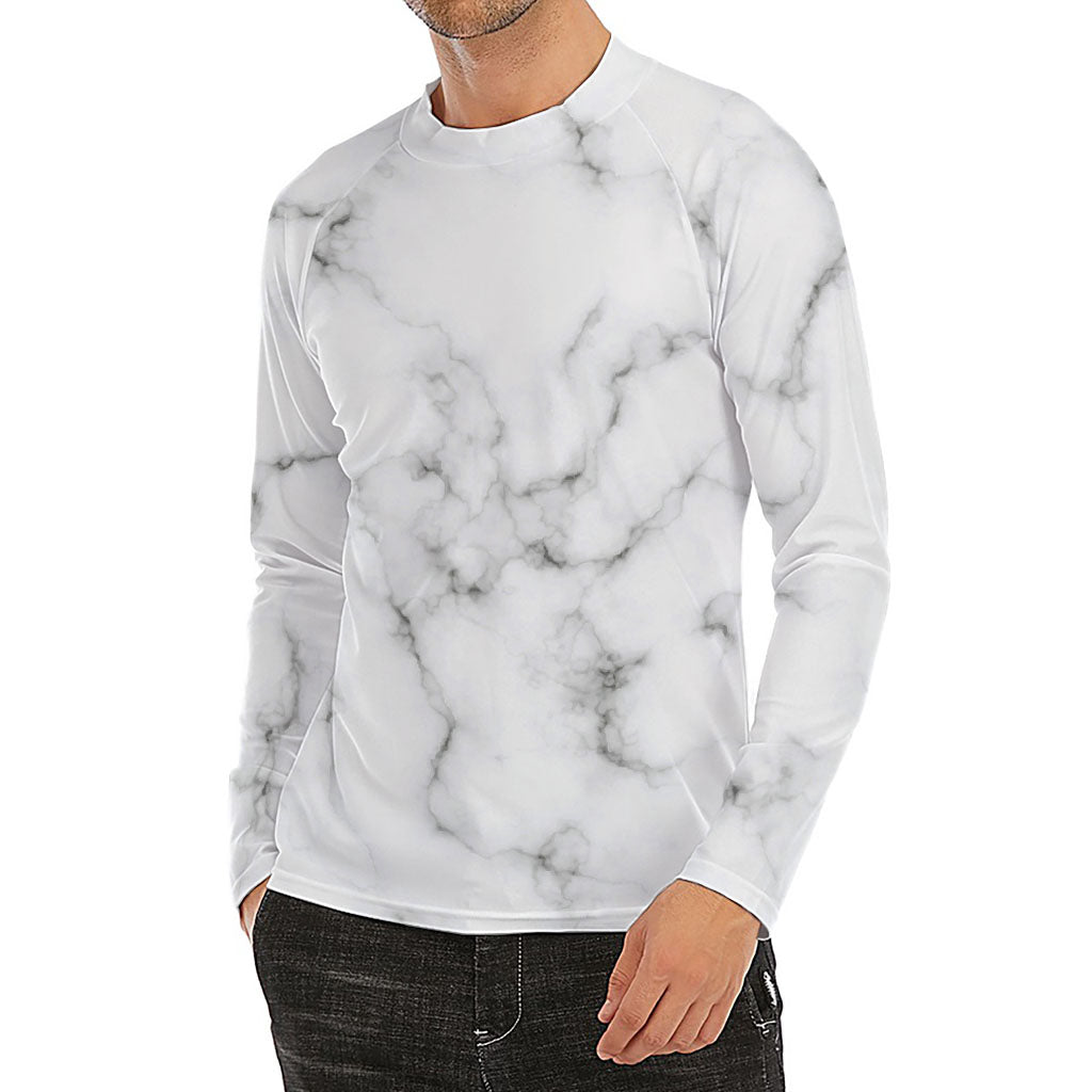White Grey Smoke Marble Print Men's Long Sleeve Rash Guard