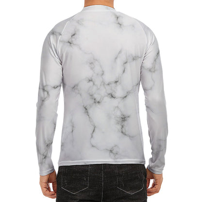 White Grey Smoke Marble Print Men's Long Sleeve Rash Guard