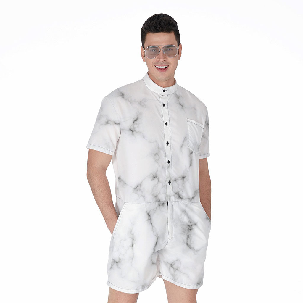 White Grey Smoke Marble Print Men's Rompers