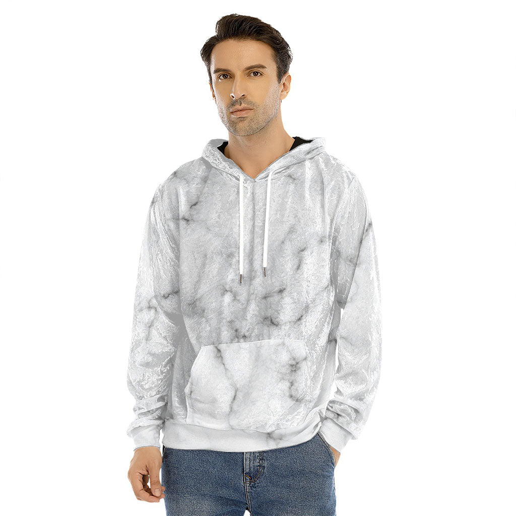 White Grey Smoke Marble Print Men's Velvet Pullover Hoodie