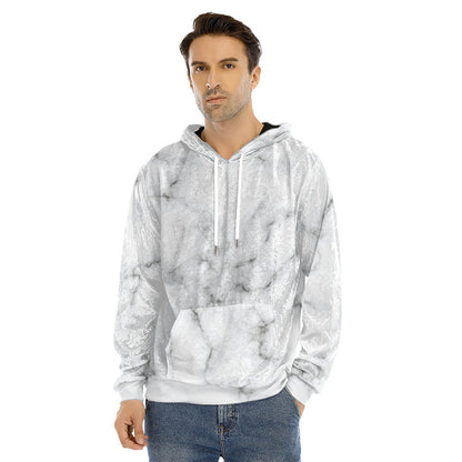 White Grey Smoke Marble Print Men's Velvet Pullover Hoodie