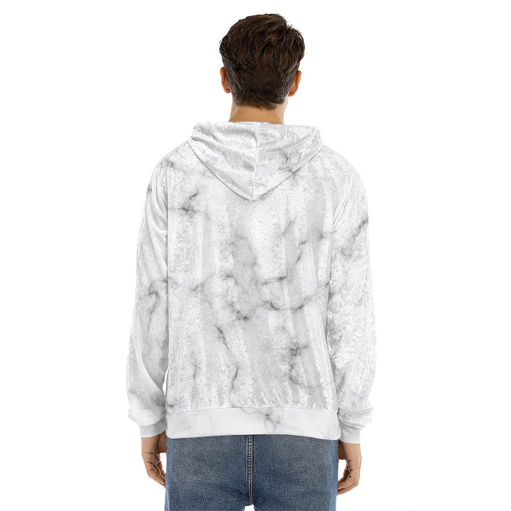 White Grey Smoke Marble Print Men's Velvet Pullover Hoodie