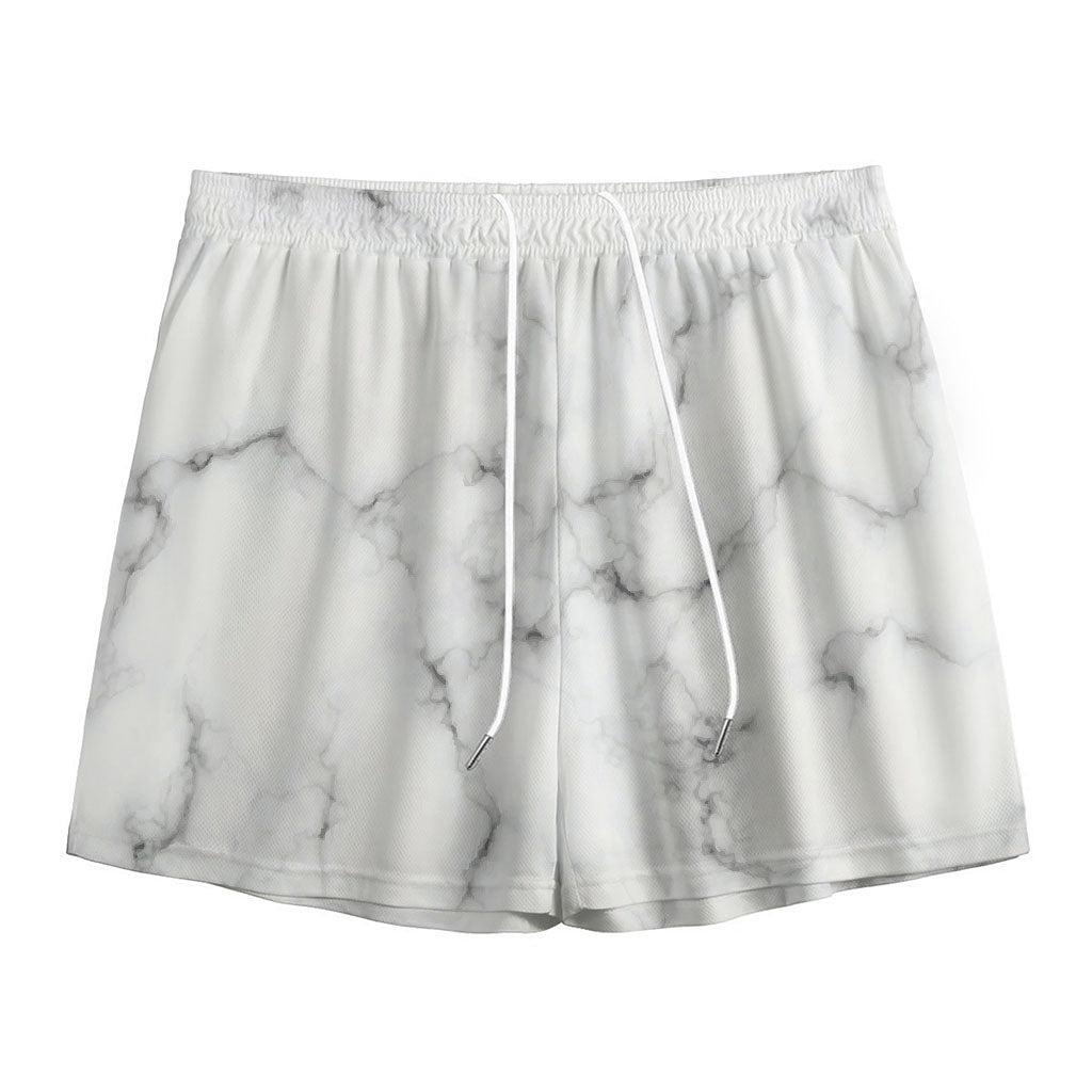 White Grey Smoke Marble Print Mesh Shorts