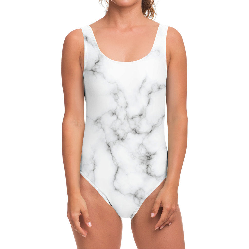 White Grey Smoke Marble Print One Piece Swimsuit