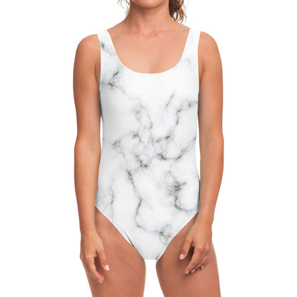 White Grey Smoke Marble Print One Piece Swimsuit